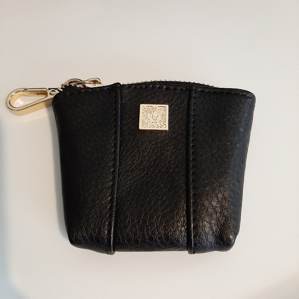 Anne Klein Key Chain Zippered Pouch Bag Charm Black Leather